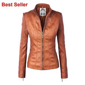 Faux Leather Zip Up Moto Biker Jacket with Stitching Detail